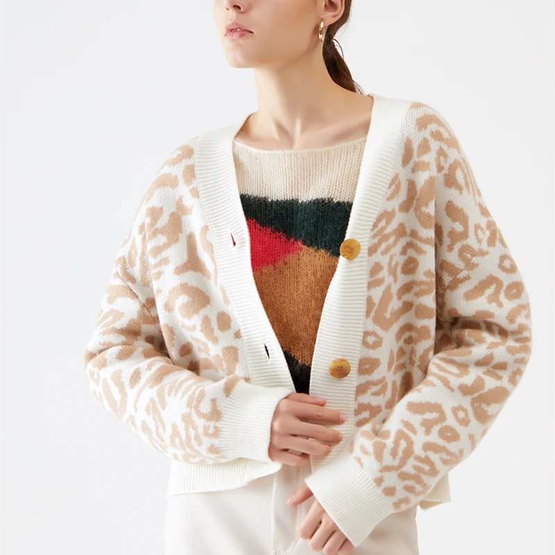 Ladies Autumn  Knitted Leopard Print Sweater Women Large Outwear Coats Oversize  Sweater Casual Cardigan