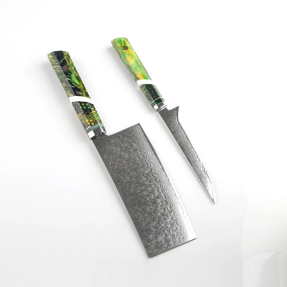 Wholesale OEM LOGO Damascus Pattern Octagonal Green Handle VG10 Steel Japanese Kitchen Knife Set kitchen Chef Knives
