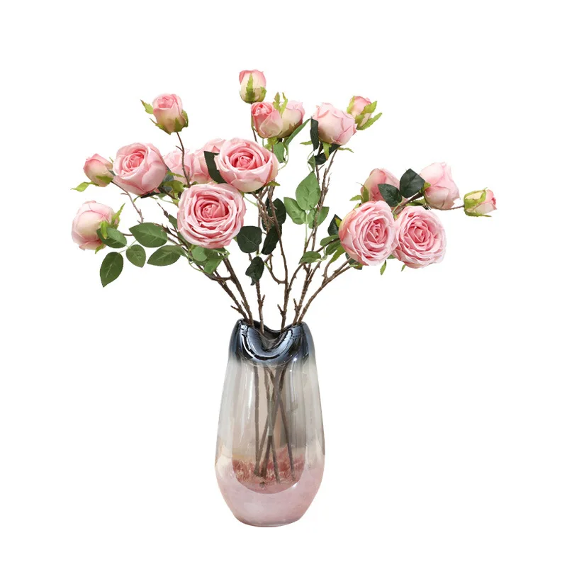 New Product Three Flower Head Handmade Cloth Artificial Rose Flowers For Home Holiday Decoration