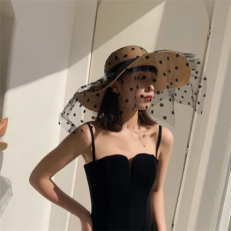 Elegant Outdoor Face Cover Sunshade Wide Brim Sun Hat Lace Beach Straw Hats