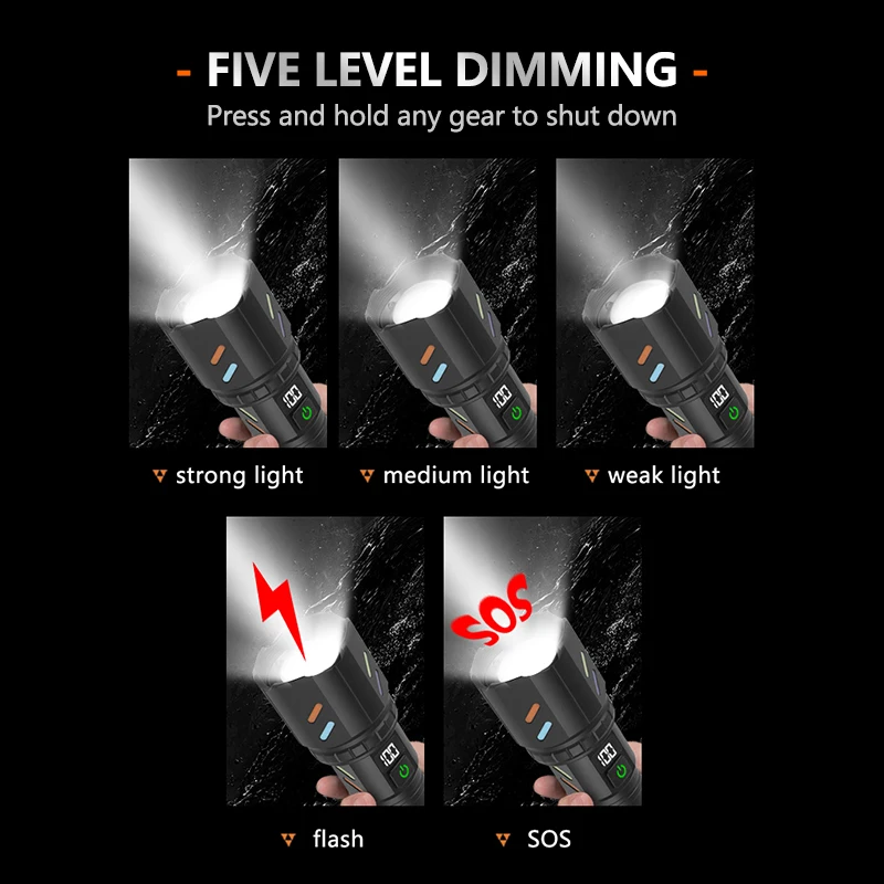 Super bright telescopic zoom flashlight with fluorescent strip outdoor waterproof rechargeable flashlight can light cigarettes