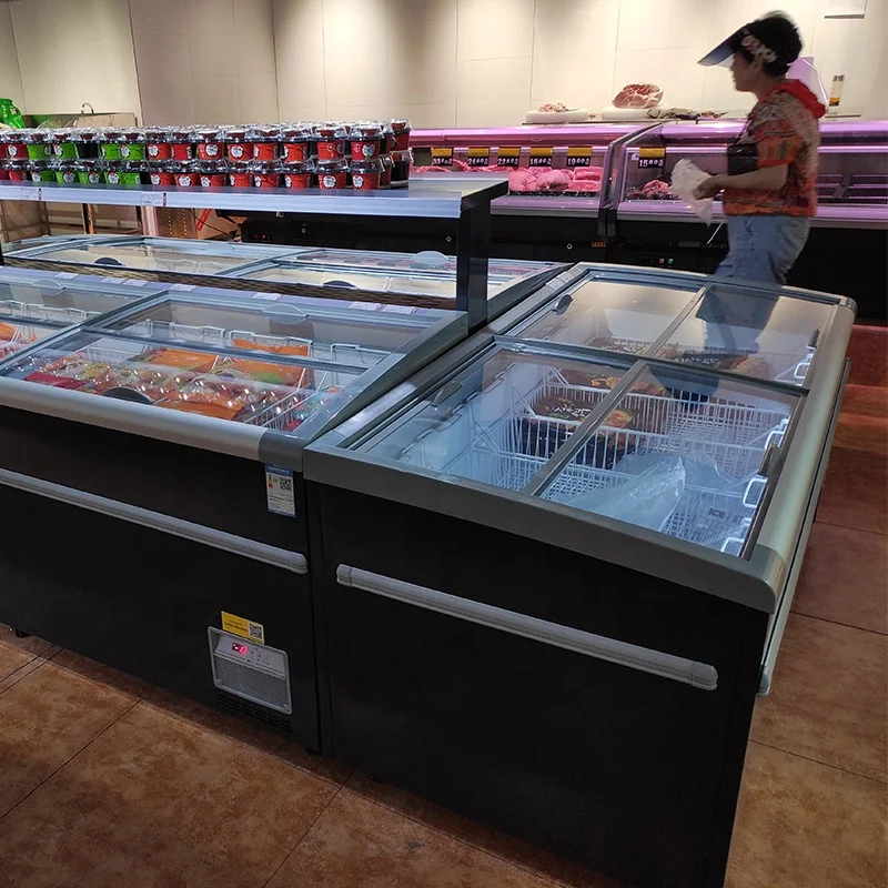 Коммерческая морозильная камера Раздвижная стеклянная комбинированная мини-островная морозильная камера с морозильной камерой