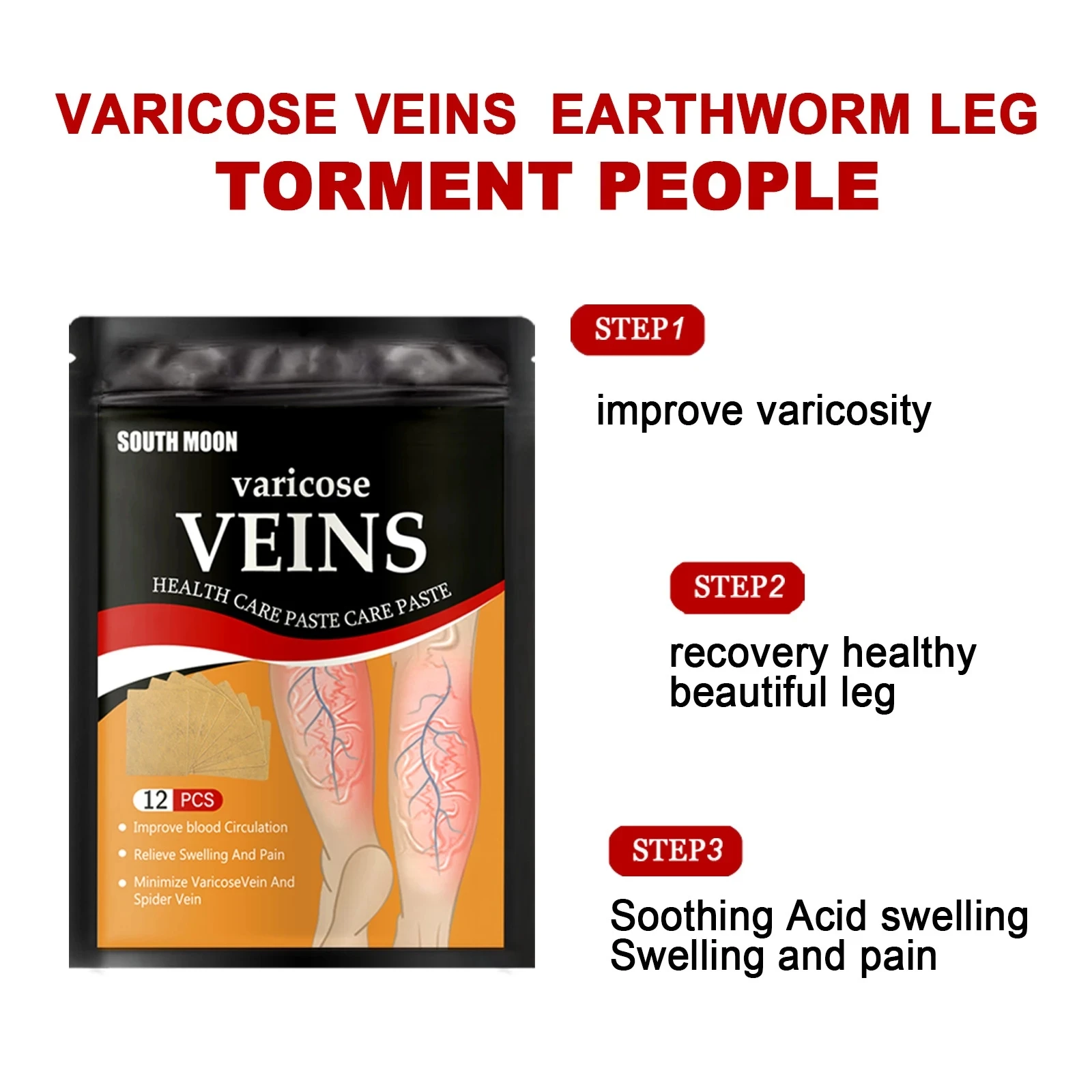 South Moon Varicose Vein Patch Phlebitis Spider Vasculitis Earthworm Leg Pain Plaster for Health Care 12pcs