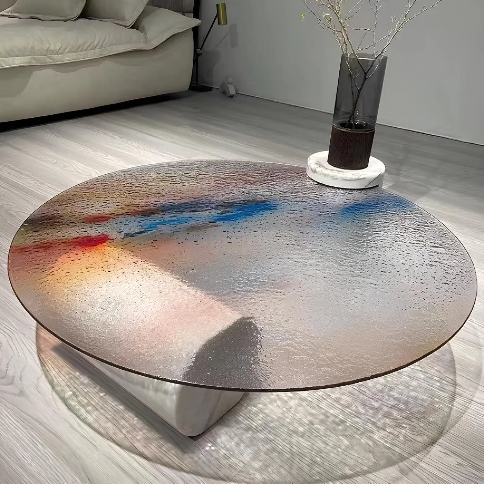 Newly Designed  Colorful Coffee Table Luxury Art Glass Top Stone Base Round Table