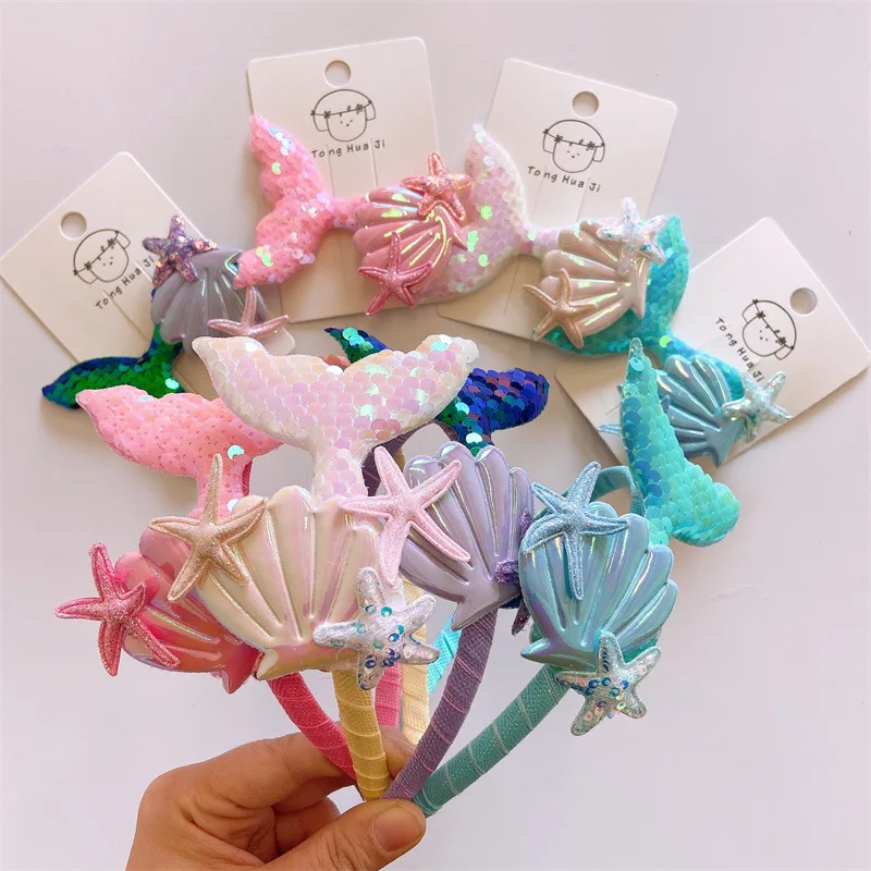 Wholesale 2024 new  summer Fishtail headband mermaids  kids Hair Accessories Girls shell Hair Band starfish clips Headbands