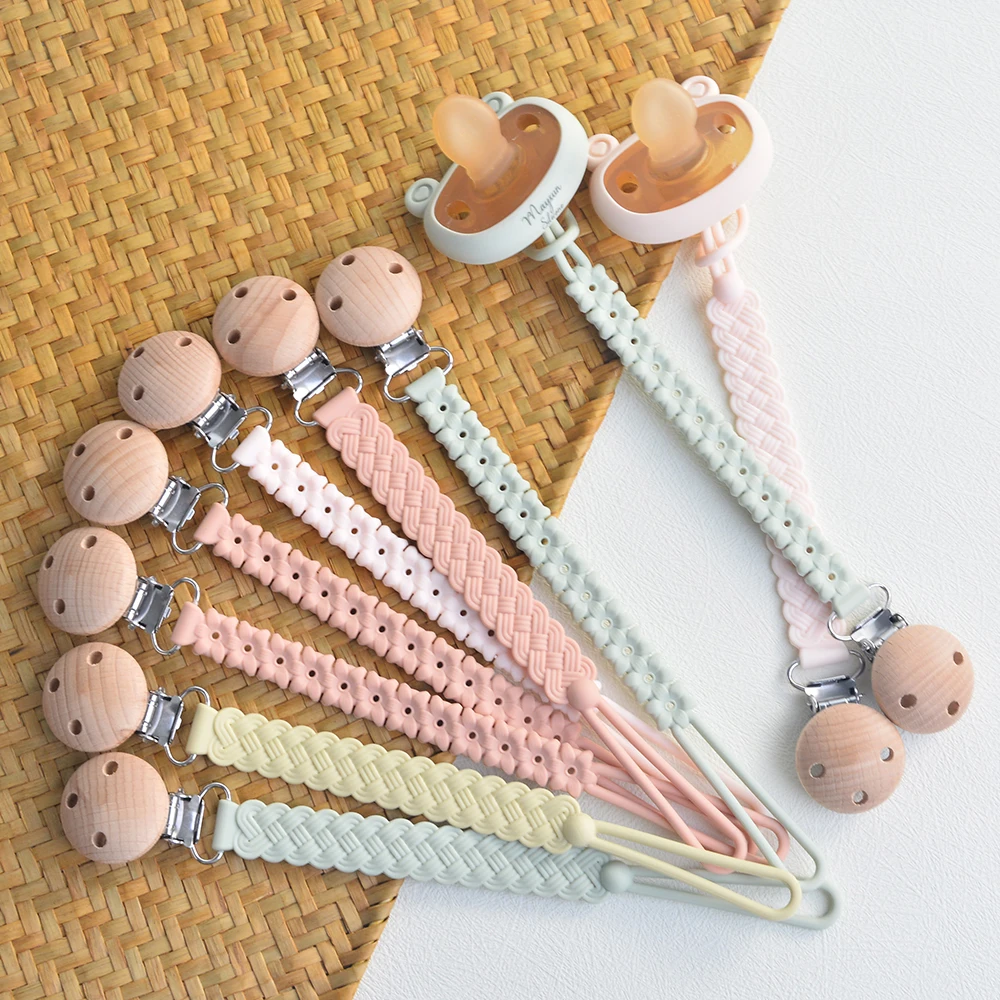 New Design Wholesale BPA Free Pacifier Metal Clip Soother Chain Silicone Teething Baby Pacifier Wooden Clips for Kids