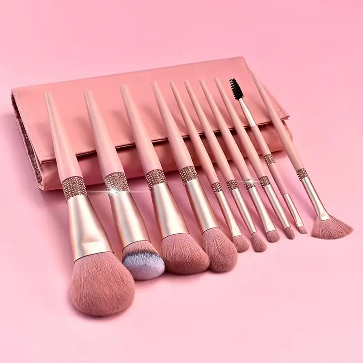 Low Moq Professional Custom Logo Pink Angled Kabuki Foundation Brush High Techniques Bling Makeup Brush Set High Quality