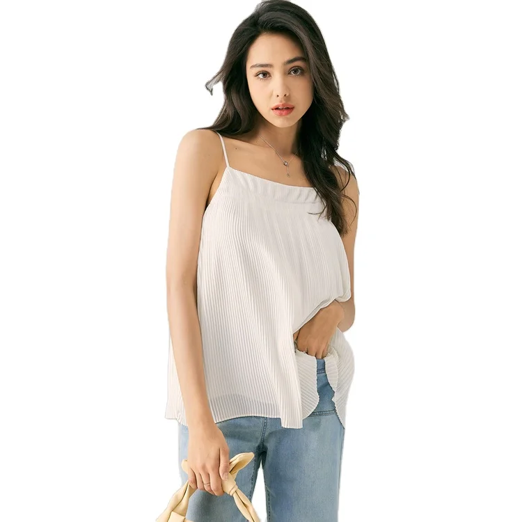 Summer New Design Casual Sleeveless V-neck White Chiffon Spaghetti Strap Tops Women