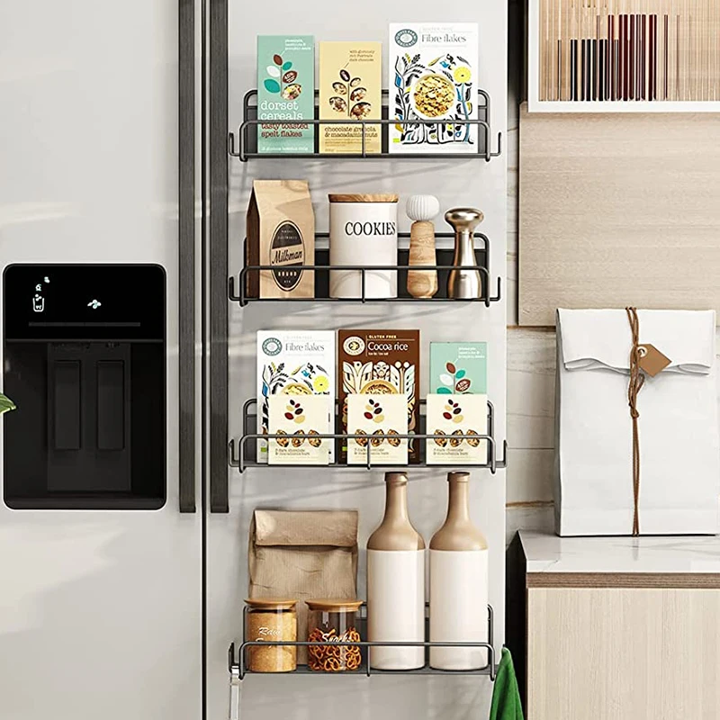 4 Pack Metal Fridge Shelf Magnetic Spice Jars Rack Seasoning Organizer for Cabinet Refrigerator Microwave Oven with 20 Hooks