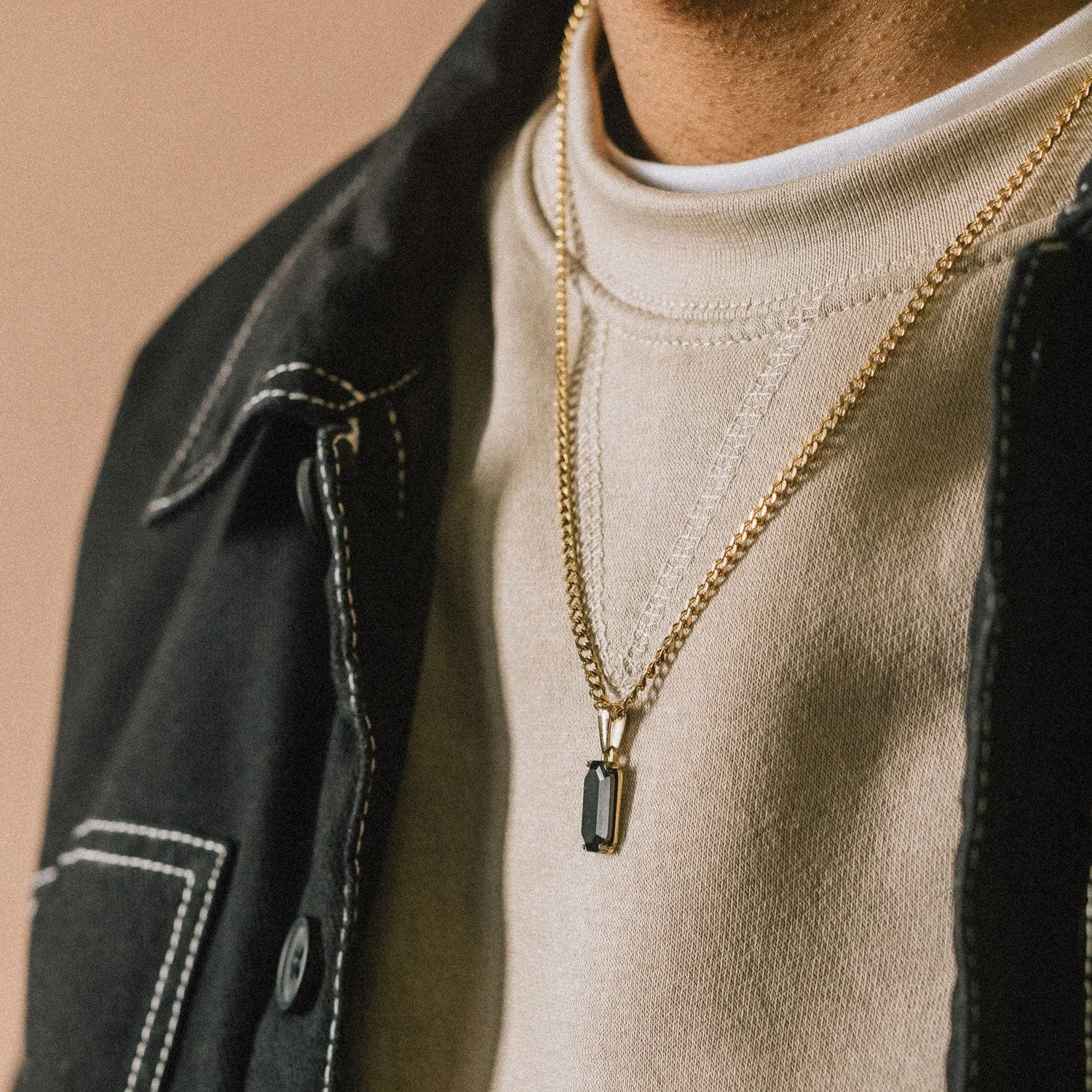 Waterproof Gemstone Jewelry Street Style Natural Stone Void Necklace Silver 18k Gold Stainless Steel Black Onyx Pendant Necklace