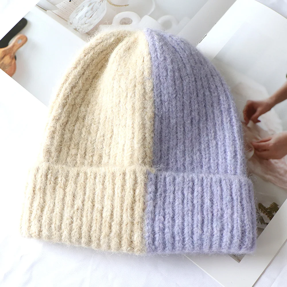 Hengxing fashionable custom knitted premium thick ribbed color block beanie hats