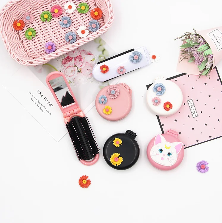 Korea style cute hair comb with mirror cartoon massage brush scalp foldable hairbrush small portable