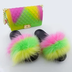 Wholesale Rainbow Jelly Purses Handbags with Matching Real Fur Slippers Spring Autumn Women Fur Slides with Purse Set