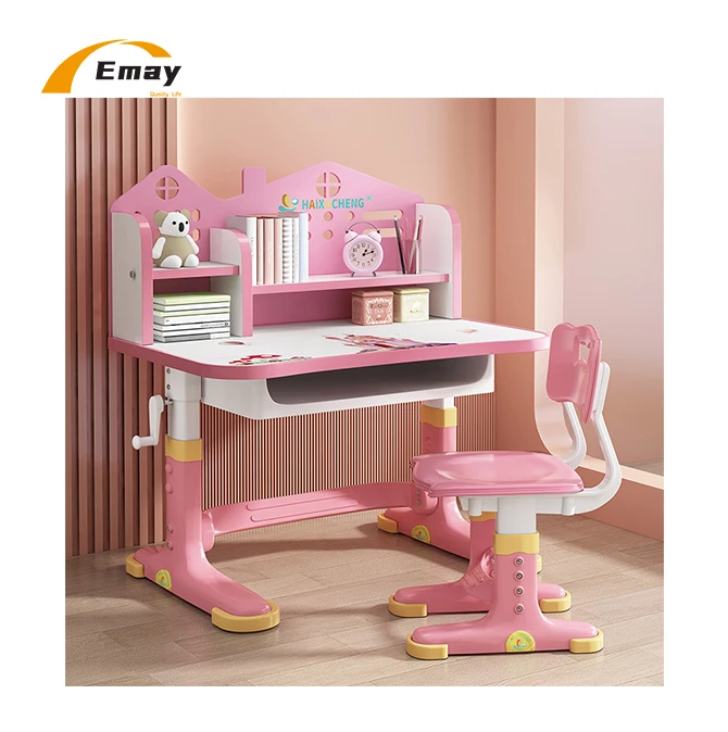 Hand Cranking Adjustable Kid Primary School Students Study Cartoon Pattern PP Table and Chair Set