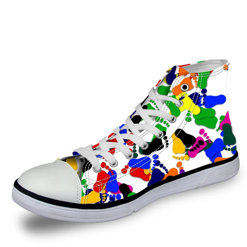 Handmade Pure White Board Canvas Sneakers Women Lovely Footprints Cute Pattern Customized Sneakers High Top Canvas Sports Shoes