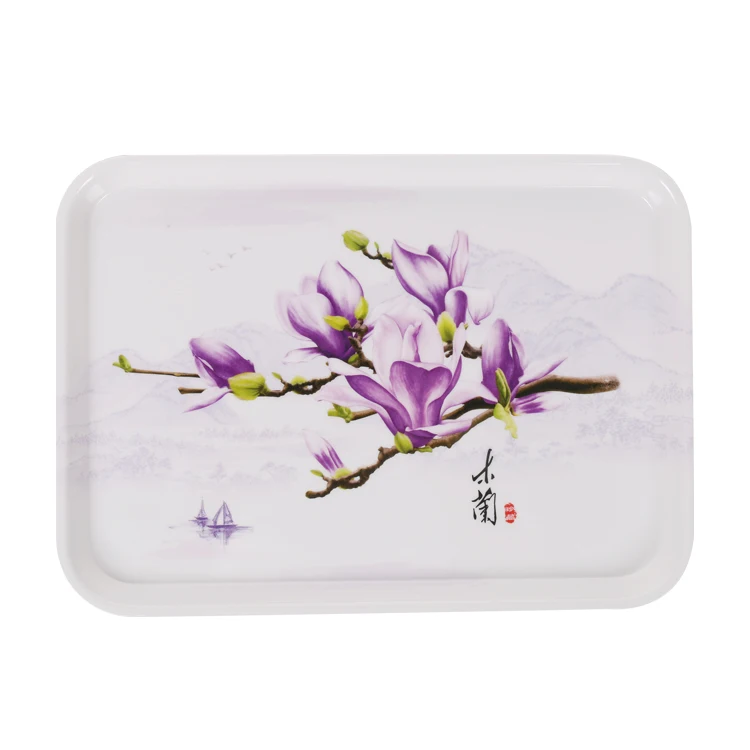 Eco Friendly OEM&ODM Rectangle Shape Butterfly Orchid Patterns Fruit Melamine Serving Tray