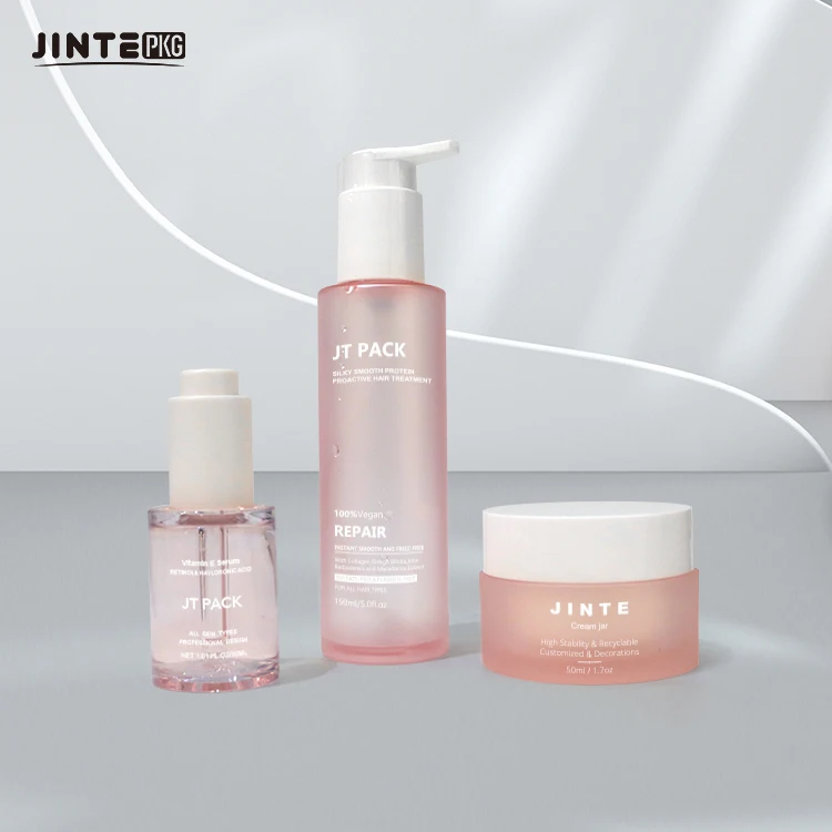 Luxury Skincare Cosmetic Bottle Packaging Custom Frosted Pink 250ml 200ml Body Oil Lotion Bottle White Cap Pump