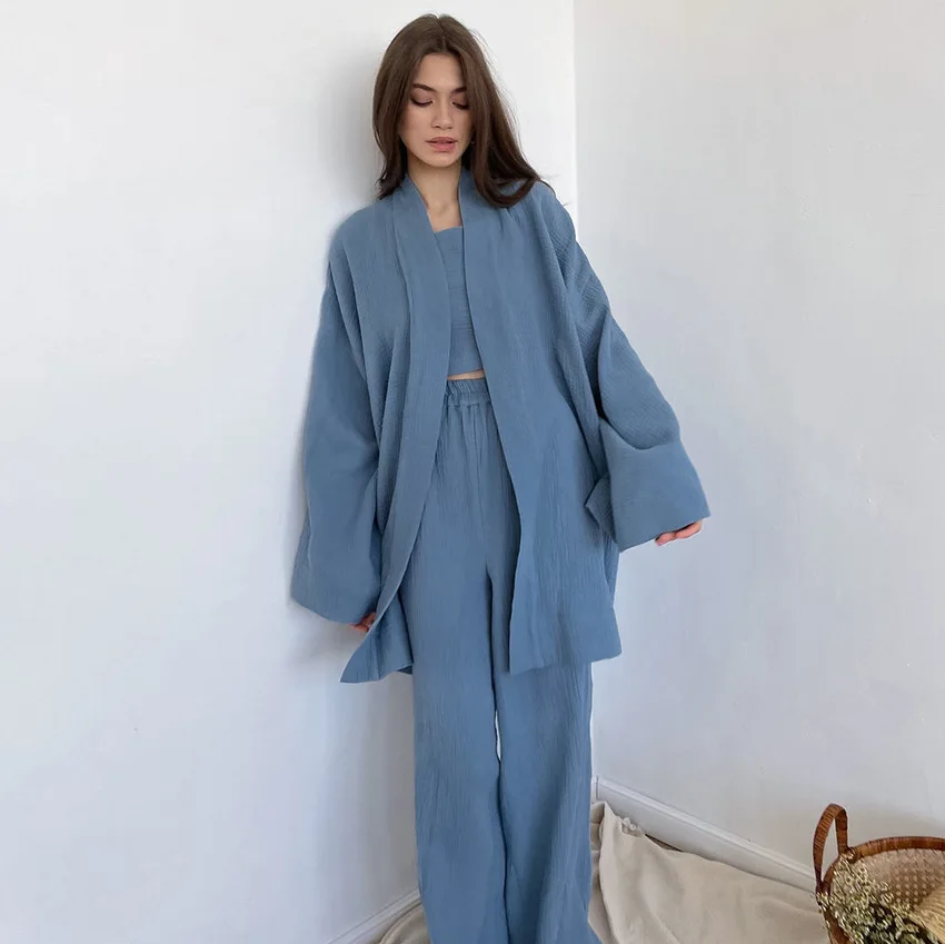 China Suppliers Casual Loose Cotton Women Pajamas Long Sleeve Solid Color Ladies Sleepwear