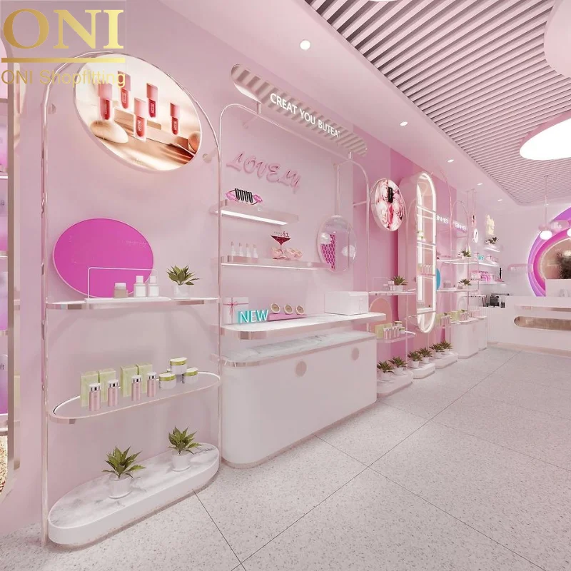 ONI Shopfitting на заказ розовый косметический магазин дизайн интерьера металлические стеклянные полки для розничных магазинов косметических