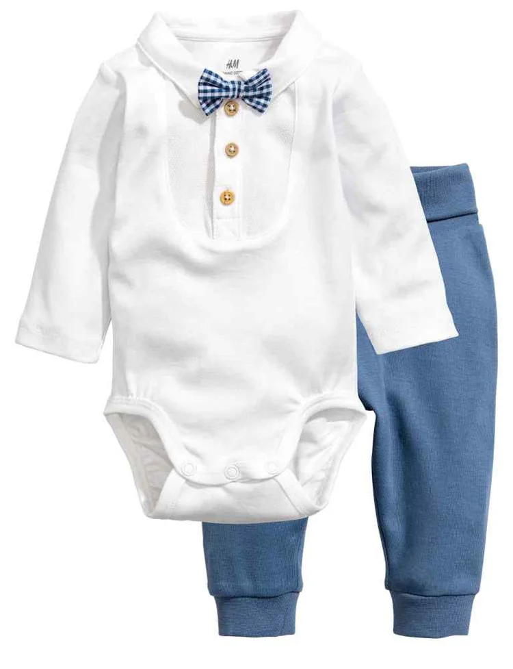Latest Fashion Name Brand Boys Long Sleeve Shirts And Jeans Sets With Bow Tie