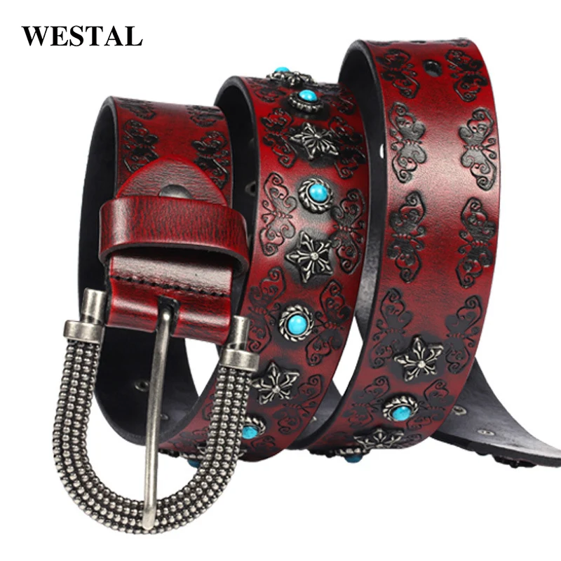 Westal Retro Waist Belts Women Ladies Butterfly Embossed Pin Buckle Leather Womens Belts for Jeans Luxury Belts for Women