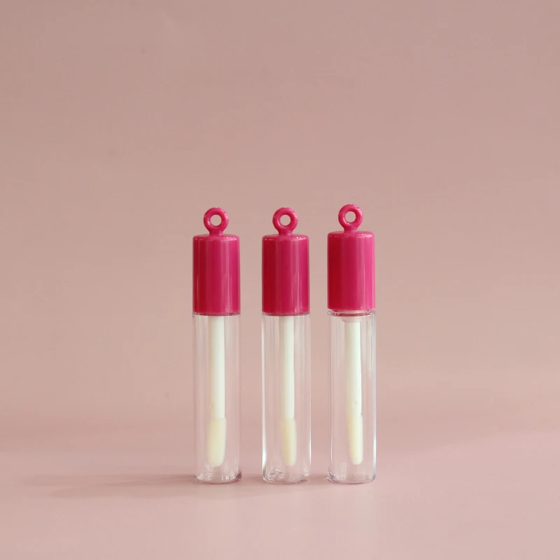 Custom logo empty pink lipgloss tube with round keychain lip gloss containers with wand for cosmetic tube