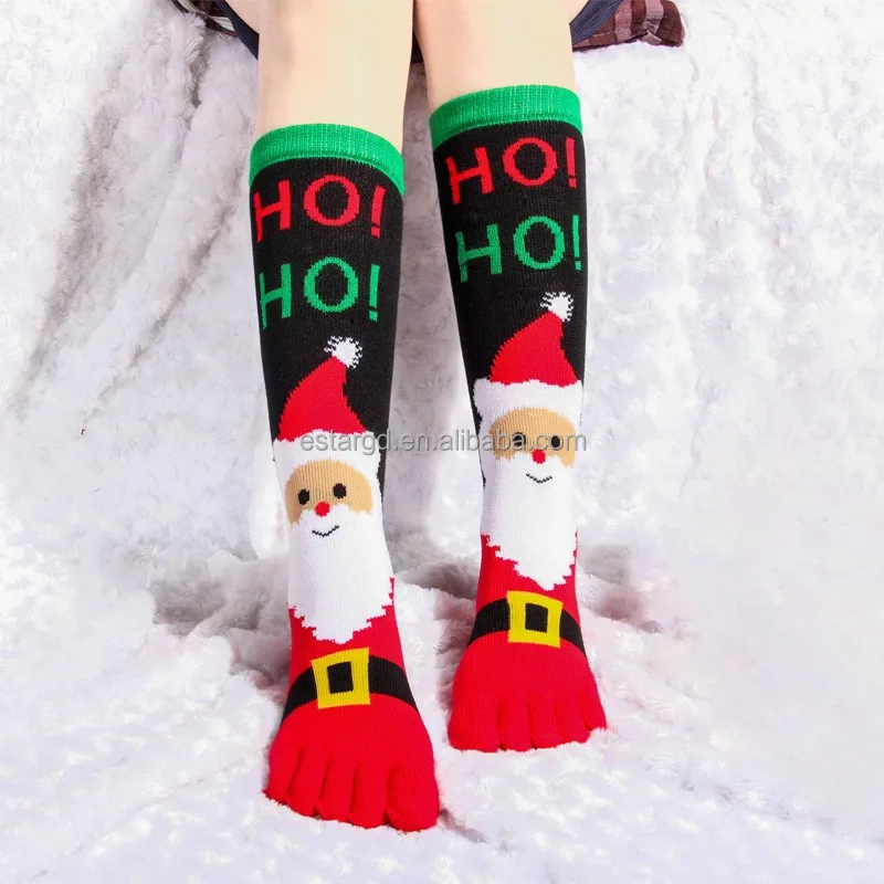 Winter Five finger socks long tube cartoon combed cotton split toe socks warm and sweat absorbing Christmas socks