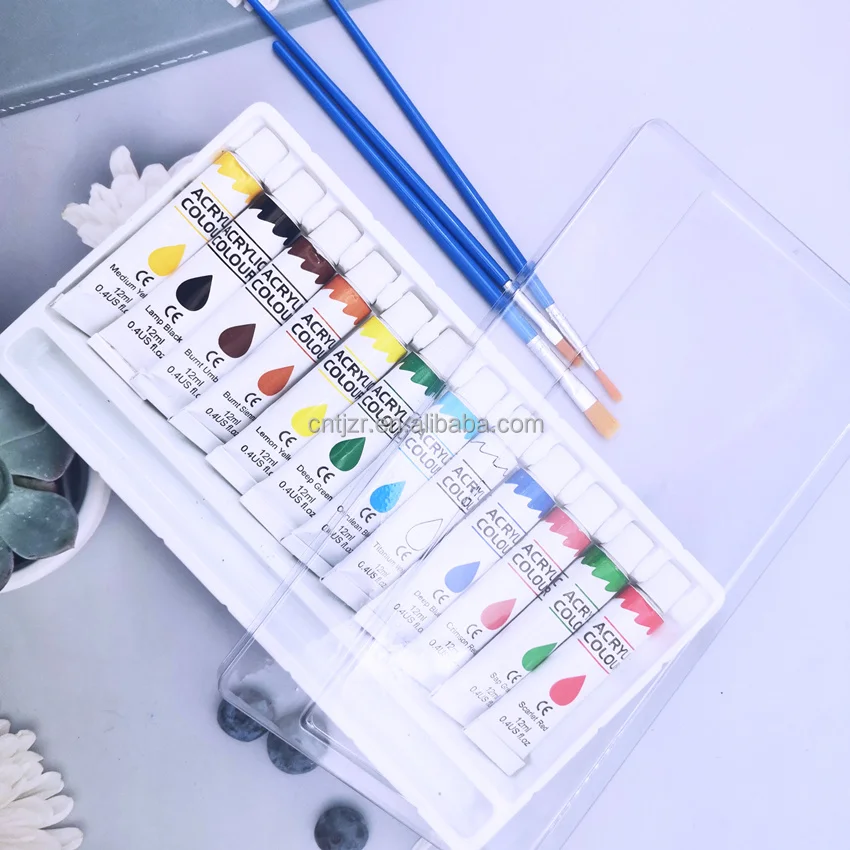 Wholesale high quality 12 colors acrylic paint set with  brushes for artist