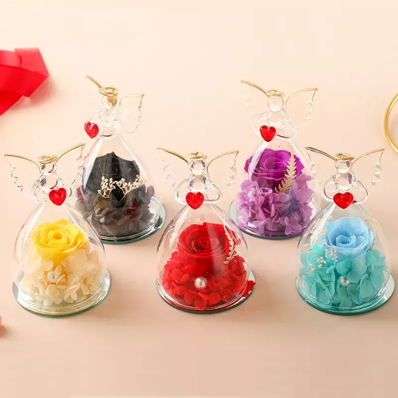 Christmas Valentines Day Gift Little Prince Unique Angels Preserved Eternal Roses in Glass Dome With Gift Box for Women Girls
