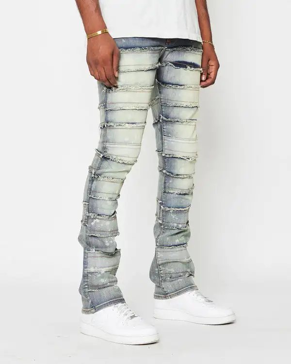 Men Patch Washed stacked denim Slim Ripped Pants mens loose fitting long super flare baggy stacked jeans pants detressed blank