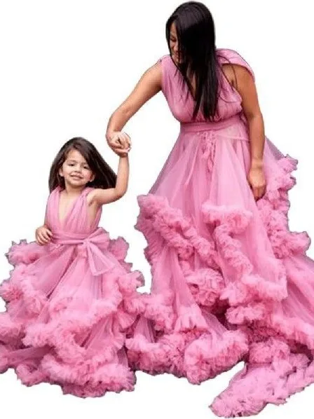 New Arrival Mother Daughter Dresses Mommy And Me Cloud Flower Chiffon Family Lo Dresses For photography Party Wear Frocks