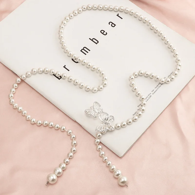 Fashion Elegant Dress Decorate Butterfly white Pearl Waist Women Elegant Chain Belt For Ladies Dress Waist Chain Belts