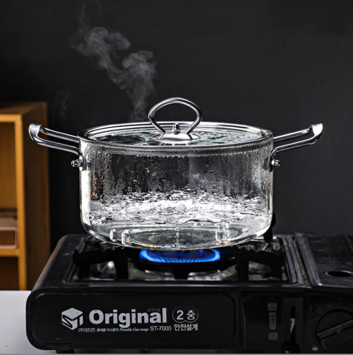 Hot selling big size clear double-ear cooking pot glass cookware set with stainless steel lid