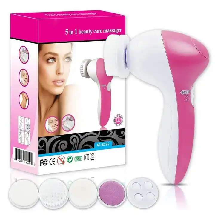 Hot Selling 5 In 1 Face Exfoliating Electric Facial Cleaner Silicone Scrub Pore Cleaner Spin Sonic Facial Cleansing Brush