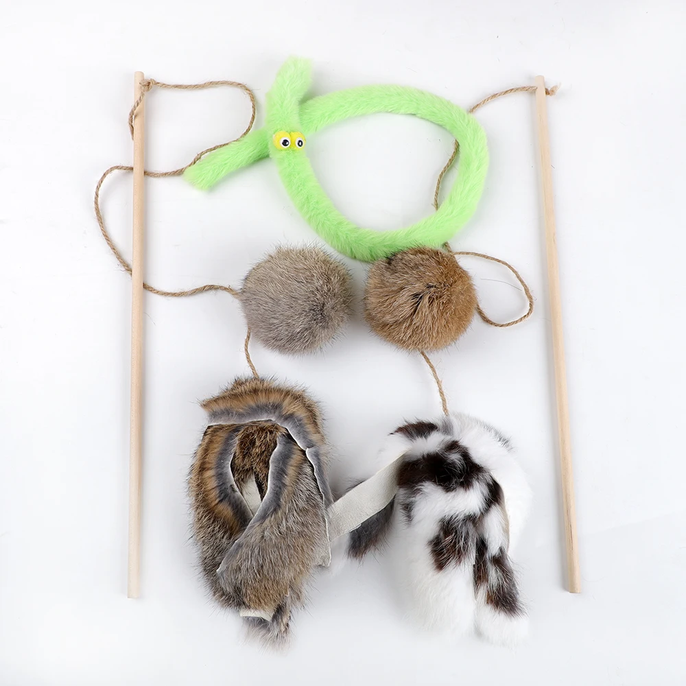 Natural Wood Sticks with Rabbit Fur Teaser Cat Entertainment Toys for Feline Fun and Play