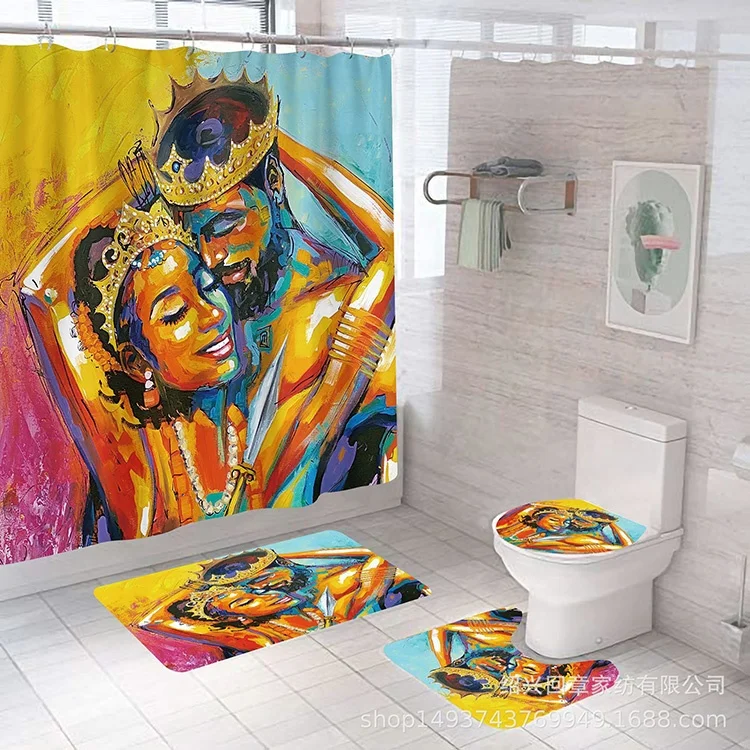 African Strong Man Sexy Girl Lovers 4 pcs Bath Mats Men Bathroom Sets Shower Curtain with Non Slip Rugs Toilet Lid Cover