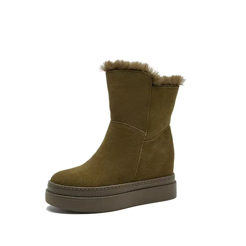 Winter New Small Height Snow Boots plus Velvet Padded High Heel round Head Two Wear Leisure High Cylinder Side Zipper