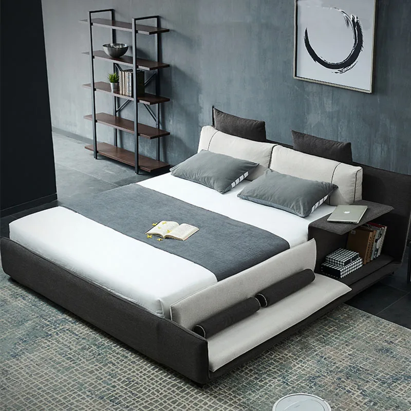 Modern fabric King Size Bed queen size beds with work shelf high quality fabric bedroom sets Bedroom Furniture Chinese factory