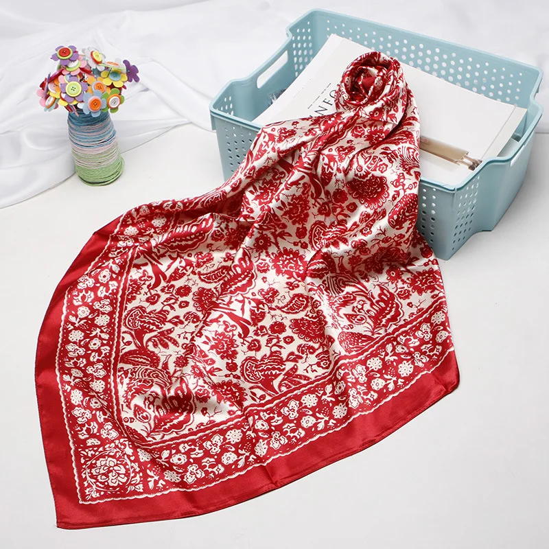 
Silk scarf women 2019 new silk small square scarf Chinese paper-cut printing tinted shawl scarf gift customization 