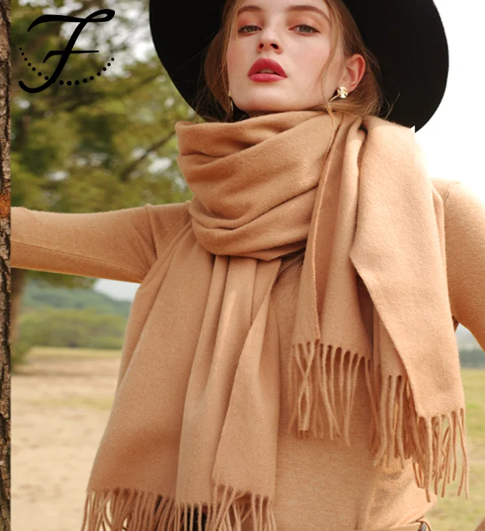 FIONA Lady Warm Long Pashmina Shawl Wraps 100% Cashmere Pure Color Womens Winter Cashmere Tassels Scarf