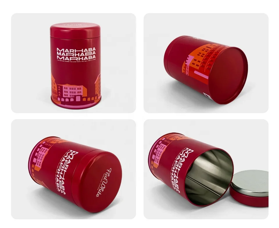 Wholesale embossing food grade empty luxury decorated tea tin coffee tea tin box packaging airtight black round loose tea tin