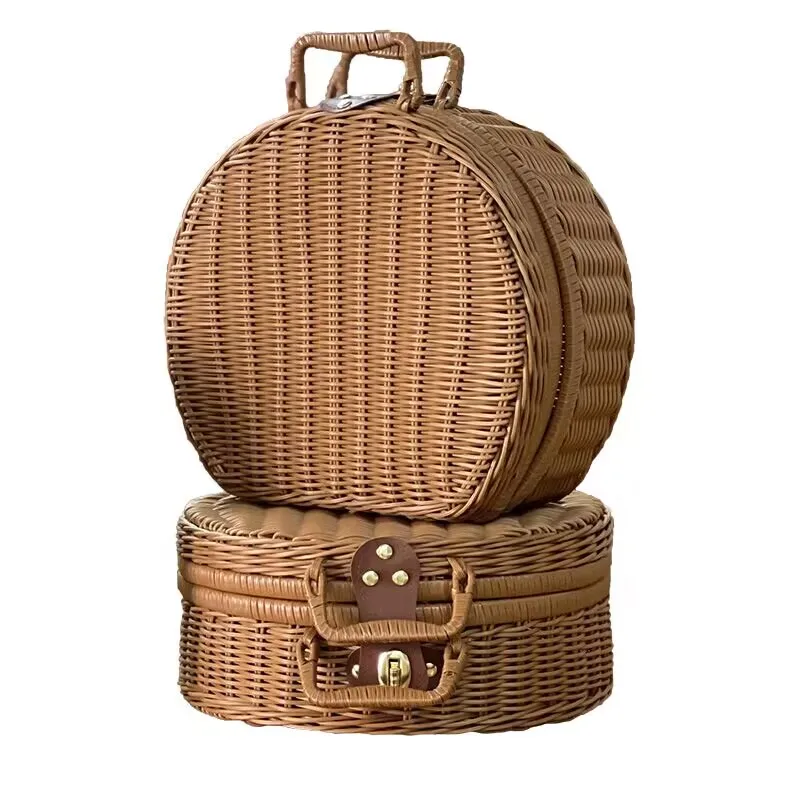 New round rattan storage basket gift packaging retro woven suitcase