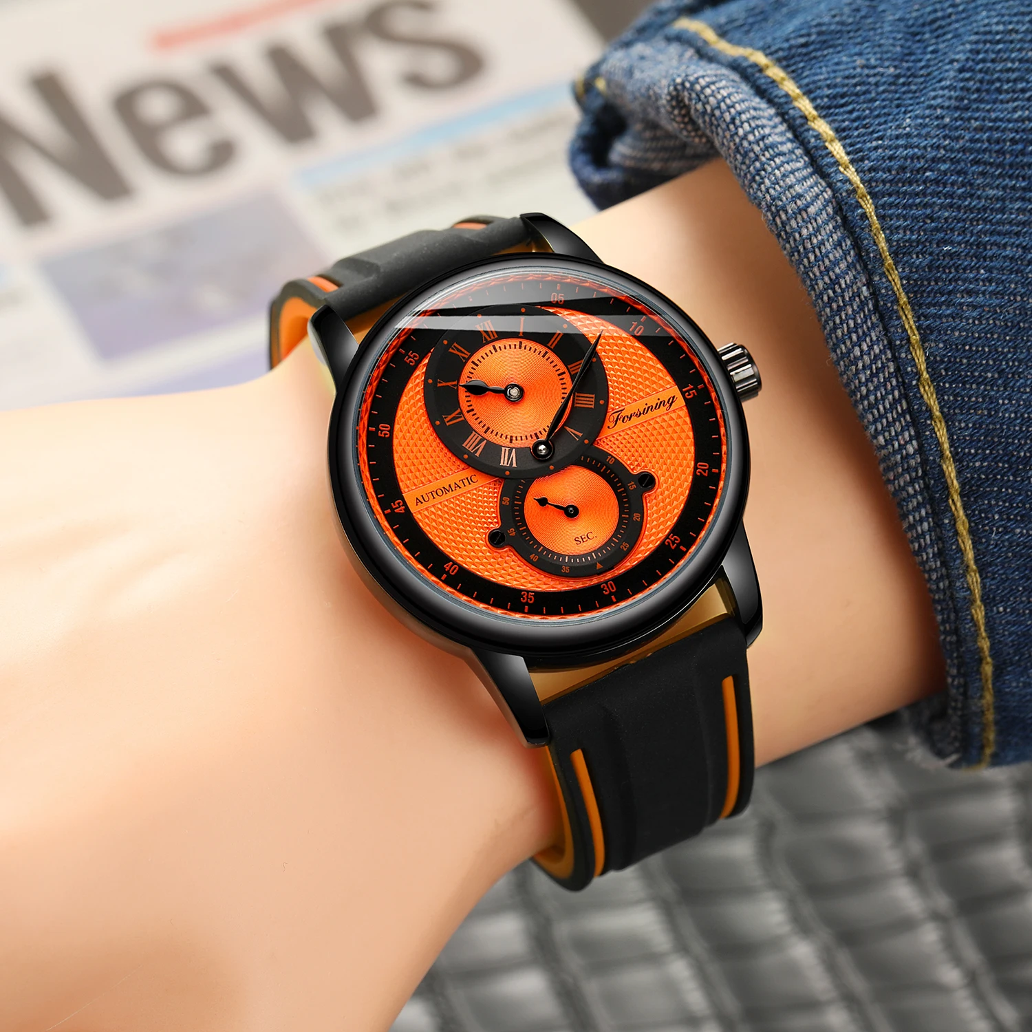 FORSINING 8203 new style Chinese mens mechanical watch hot sale Silicone band water proof best character business wrist watch