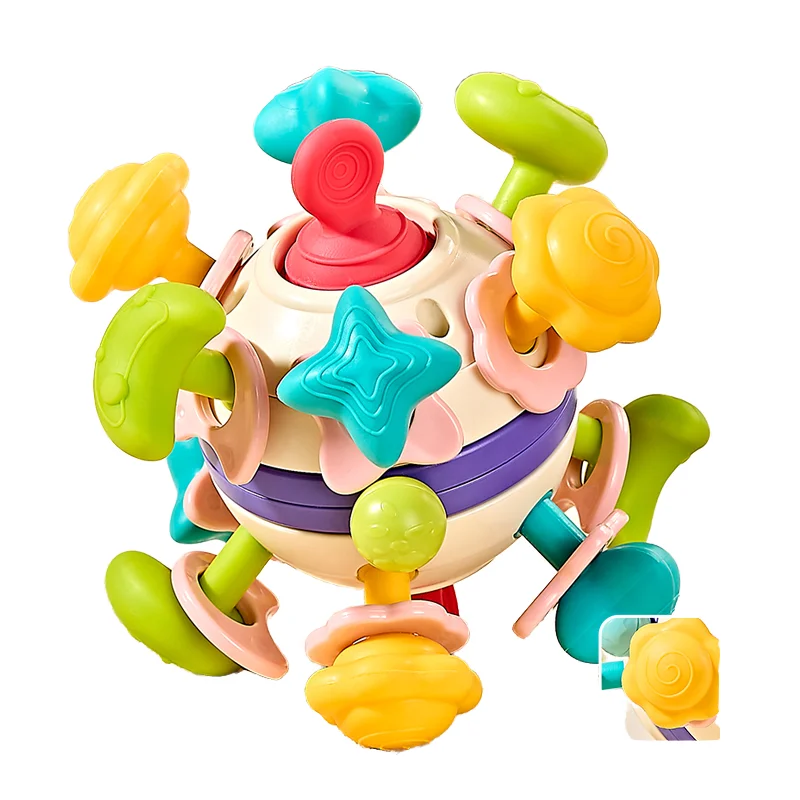 2024 Baby Soft Silicone Teething Toy Early Infant Soothing Manhattan Atom Ball Rattle Comfortable Plastic Hand Grip Ball Rattle