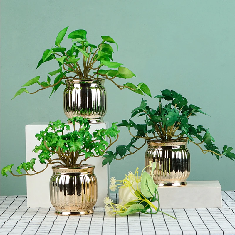 Golden green dill artificial metal flower bonsai ornaments home decoration living room green plants fake flower potted plants
