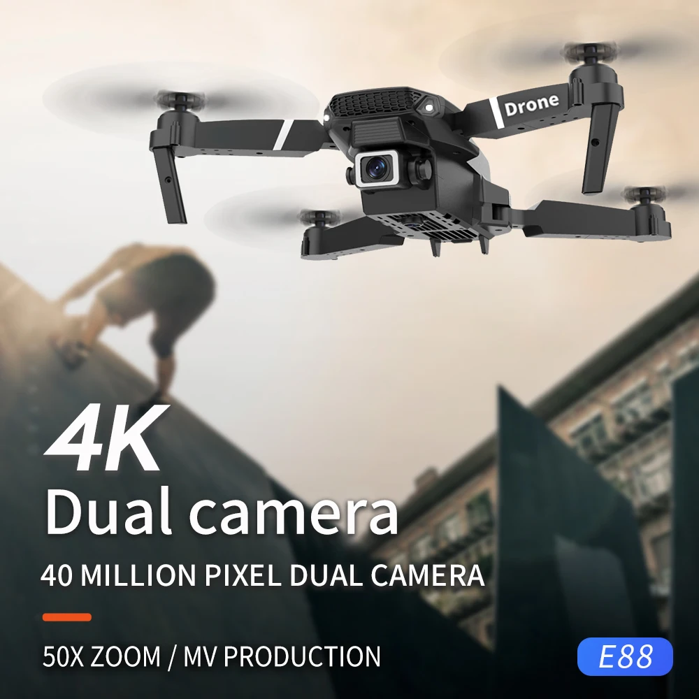 Радиоуправляемый Дрон Flyxinsim E88 + PRO с двойной HD камерой 4K складной квадрокоптер большим радиусом действия для селфи