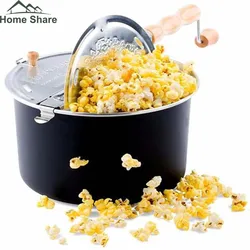 Stovetop Popcorn Maker Popcorn Popper Hand Stirring Crank Cooker Kettle Popcorn Popper Removable Lid w/Wooden Handle