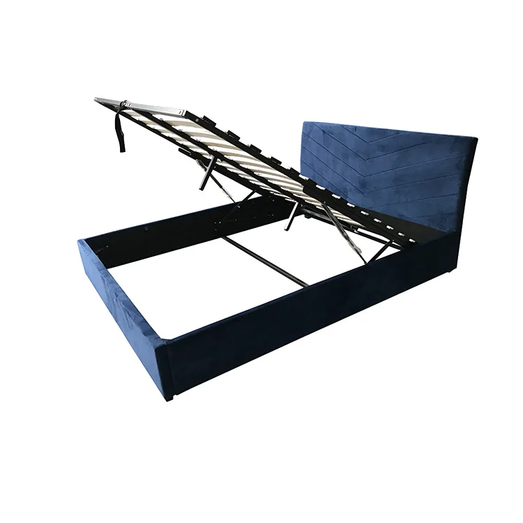 Gas Velvet Full High Quality Popular King Size Head Board Lift Ottoman Upholstered Storage Blue Bed Frame