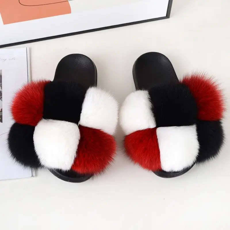 New Fashion Ladies Fox Fur Slippers Faux Futured White Furry Women Blue Slides Non-Slip Sheepskin Fuzzy Furcharm Real