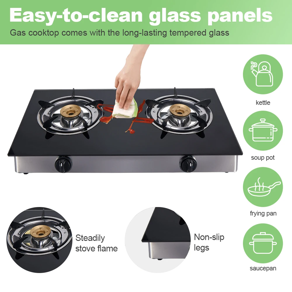 Gas Stove 2 Burner Propane Portable Auto Ignition Gas Cooktop LPG with Tempered Glass for Indoor Outdoor Kitchen